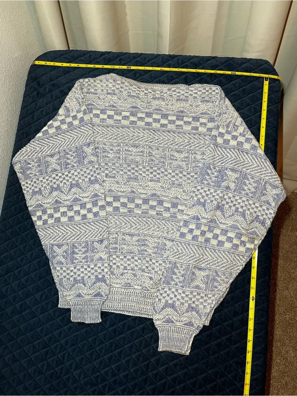 Vintage Men's Patterned Crewneck Sweater - Blue & White - 100% Cotton